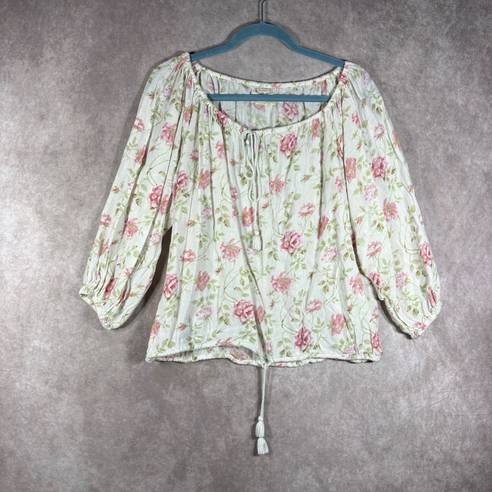 Denim & Supply Ralph Lauren Blouse Womens M Cream Floral Peasant Boho Tassel